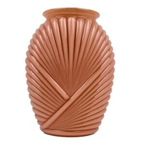 Peach Art Deco Ribbed Ceramic Vase 1980s Shell Fan Pattern 9.5” Vintage